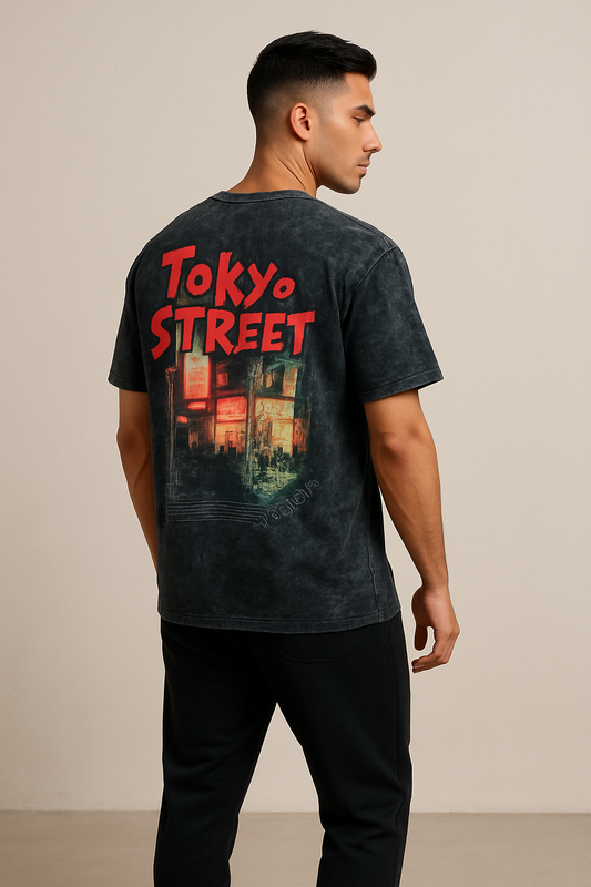 Tokyo Street Black Acid Wash Oversized Tee – Unisex | 240 GSM